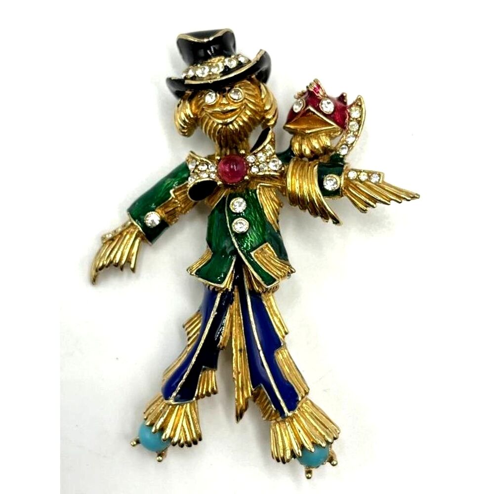 Vintage Ciner Scarecrow Brooch Pin Enamel Rhinestones multicolor
